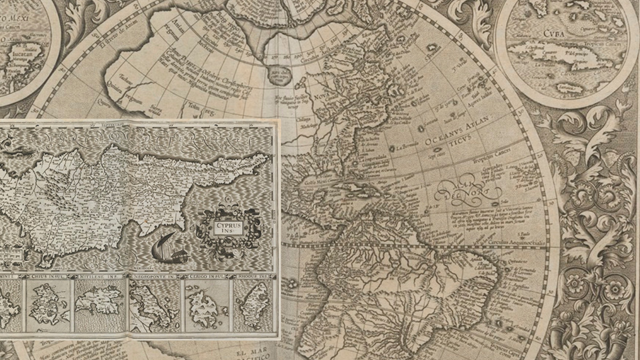 Atlas van Gerardus Mercator. Cyprus staat per ongeluk gedrukt op de plaats van Cuba (pagina 493 en 526). Universiteit Utrecht, uitgegeven door Jodocus Hondius in 1606.