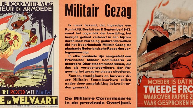 Collage van affiches met politieke boodschappen en propaganda van rond 1945